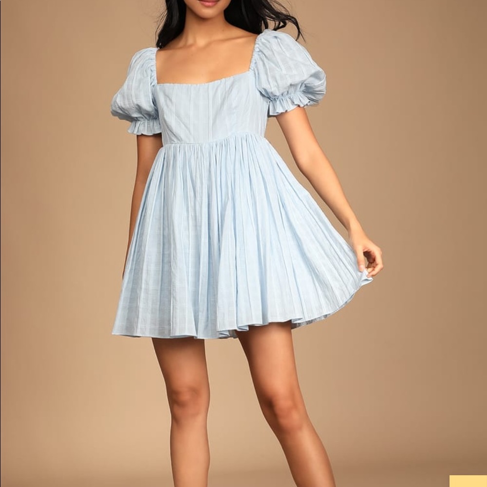 Light blue square neck puff sleeve babydoll dress